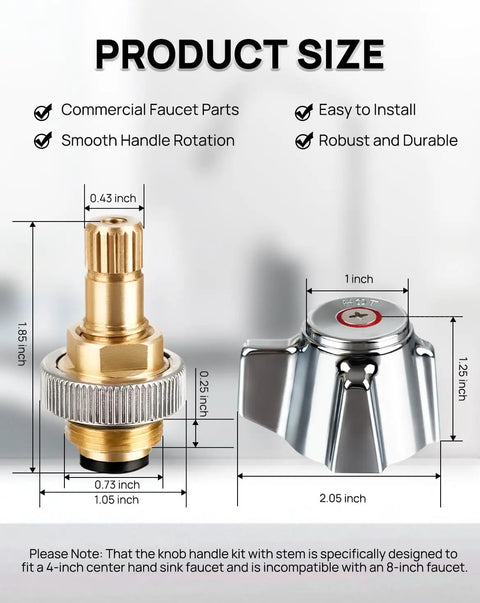 4 Inch Brass Faucet Handle Replacement Stem Assembly Kit dimensions for Kitchen and Bathroom Knobs, Leak Proof Brass Cartridge
