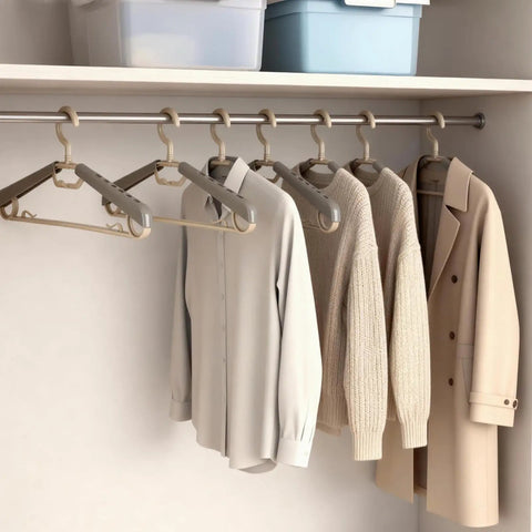 6 Pack Heavy Duty Plastic Extra Wide Arm Hangers 15 To 23 Inches With Swivel Hooks For Coats Jackets Dresses Shirts Pants And Trousers Space Saving Closet Organizers In Grey And Tan with shirts and jackets hanging