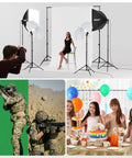 8.5 By 10 Foot Backdrop Support System With Pro Lighting Kit, showing a studio setup for portraits and various use scenes