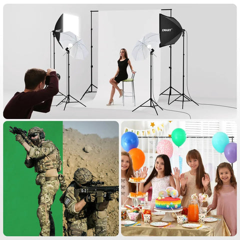 8.5 By 10 Foot Backdrop Support System With Pro Lighting Kit, showing a studio setup for portraits and various use scenes