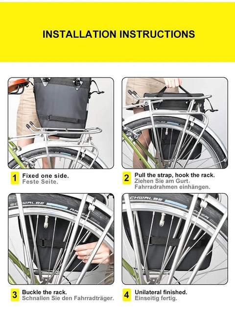 Installation instructions for 3 in 1 Bike Pannier Bag Set for Cargo Rack and Saddle, showing step-by-step mounting process on rear rack.