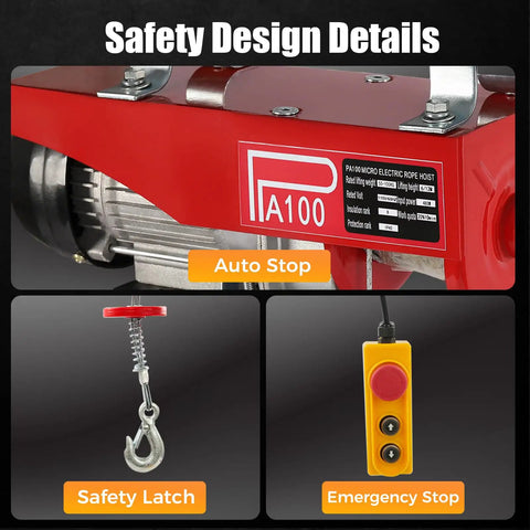 Heavy Duty 480W Mini Electric Hoist With Emergency Stop Button For Garage And Warehouse Use Portable 110V winch with safety latch and auto stop features.