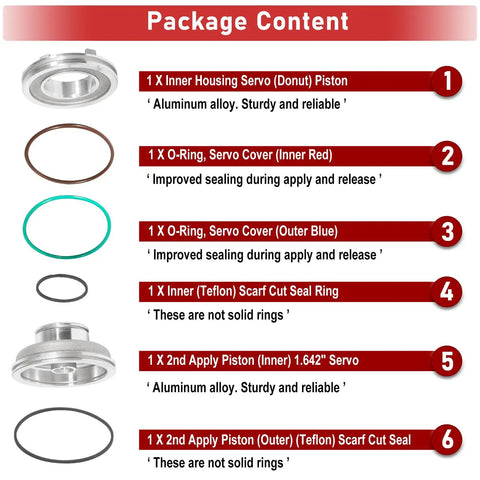 Package contents of High Performance Corvette Servo Piston Kit Upgrade For TH700R4 4L60 4L60E 4L65E includes pistons and rings
