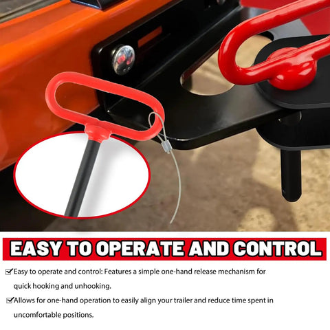 Close-up of Half Inch By Four Inch Trailer Hitch Pin with red rubber handle and safety clip attached to trailer, easy control feature shown