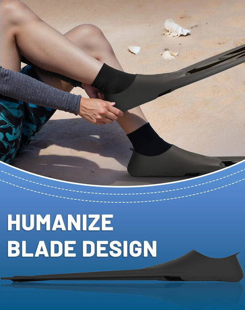 Person wearing Snorkel Fins With Full Foot Pocket For All Day Wear, Durable Long Diving Fins For Snorkeling and Freediving on beach