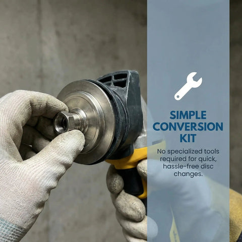 Universal Strip Disc Conversion Kit With Hex Lock Nut Adapter being attached to a tool for paint and rust removal.