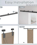 Installation steps for Heavy Duty 16 Foot Barn Door Hardware Kit Sliding Track System For Two Doors Wall Mount Black No Doors Included Built To Last Supports Up To 450 Lbs Fits Doors One And Three Eighths To One And Three Quarters Inches Thick Galvanized Steel.
