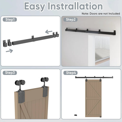 Installation steps for Exterior Box Rail Barn Door Hardware Kit Five Foot Black Sliding Track System for heavy-duty wall mount doors.