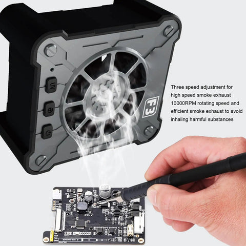 Portable Soldering Fume Extractor With 10000 RPM Brushless Motor showing smoke removal during soldering on a circuit board.