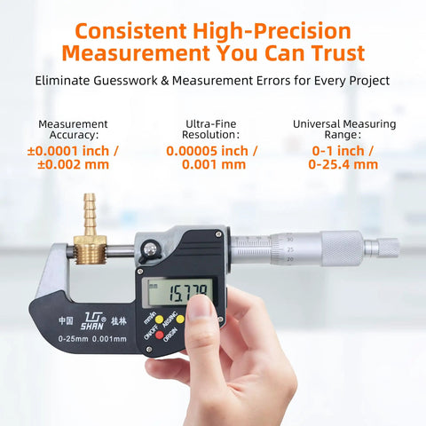 0-1 Inch Digital Micrometer With Carbide Tip, 0.00005 Inch Resolution, 0-25mm Range, external measurement demonstration