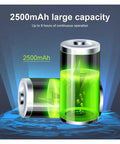 Illustration of 2500mAh large capacity battery with text highlighting 8 hours of operation, glowing green energy indicator.