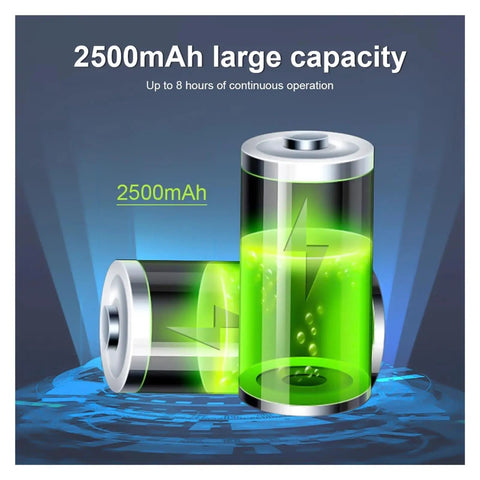 Illustration of 2500mAh large capacity battery with text highlighting 8 hours of operation, glowing green energy indicator.