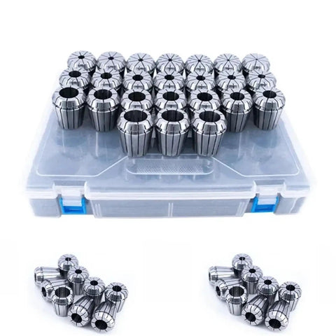Precision ER11 To ER40 Collet Chuck Tool Holder Set With Tolerance As Low as Point Zero Zero Five mm in clear plastic case.