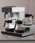 12-Cup Commercial Drip Coffee Maker With Three Lower Warmers And Glass Decanters, Stainless Steel Finish, on countertop