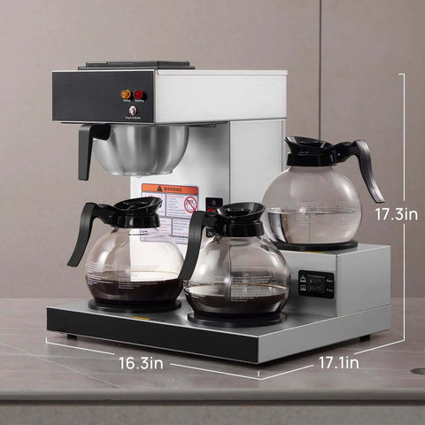 12-Cup Commercial Drip Coffee Maker With Three Lower Warmers And Glass Decanters, Stainless Steel Finish, on countertop