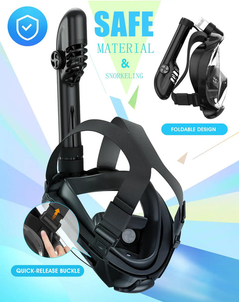 G2 Full Face Snorkel Mask With Dry Top System Foldable 180 Degree Epic Panoramic View Snorkeling Mask With Camera Mount shown in black.