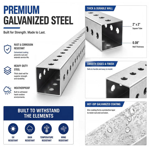 Premium galvanized steel sign post features 2 inch square tube and 0.08 inch wall thickness for durability and rust resistance.