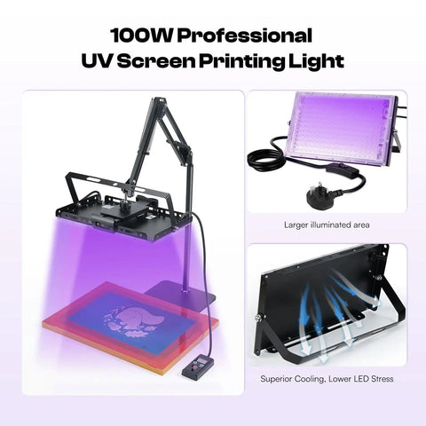 Powerful 100W LED UV Exposure Unit for Screen Printing with adjustable stand and built-in timing device showing illuminated screen and cooling