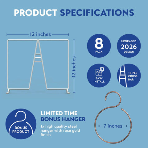 White Wire Shelf Dividers For Closet Organization, 8 Pack, includes Triple Crossbar Tech and bonus 7-inch rose gold hanger