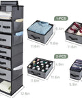 7 Shelf Hanging Closet Organizer With 6 Removable Drawers And Side Pockets for clothes with labeled drawer sizes