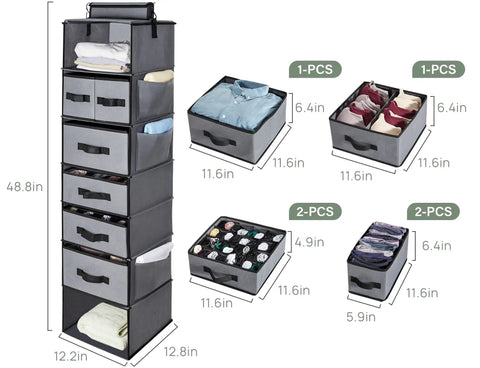 7 Shelf Hanging Closet Organizer With 6 Removable Drawers And Side Pockets for clothes with labeled drawer sizes