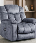 Gray fabric recliner with built-in Recliner Remote Hand Control with 2 Button 5 Pin for Electric Power Lift Chairs on the side.