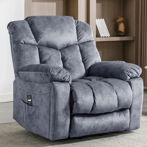 Gray fabric recliner with built-in Recliner Remote Hand Control with 2 Button 5 Pin for Electric Power Lift Chairs on the side.
