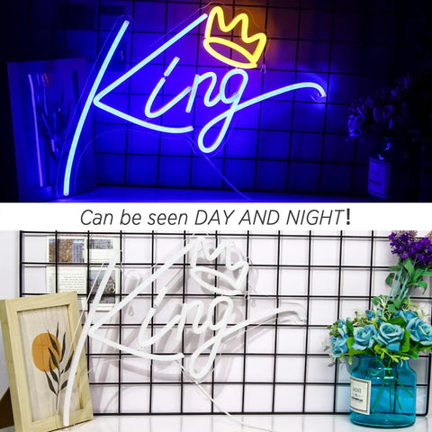 King Neon Sign Blue Letters LED Neon Light With Pink Crown Wall Decor for Bedroom, USB powered, day and night view, back grid