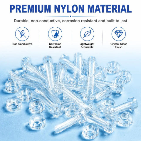 Dope Transparent M4x12mm Acrylic Screws With Matching Hex Nuts Kit No Sweat Assembly Sweet For DIY Model Building Display Cases Straight Up Quality Bangin 35 Piece Hardware Set, clear acrylic screws and hex nuts.
