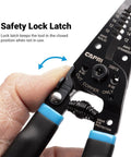 Person using Pro Grade Workhorse Wire Stripper With Built In Cutter for solid and stranded copper wire demonstrating safety lock latch