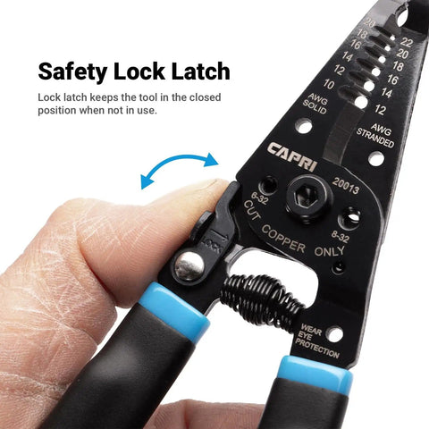 Person using Pro Grade Workhorse Wire Stripper With Built In Cutter for solid and stranded copper wire demonstrating safety lock latch
