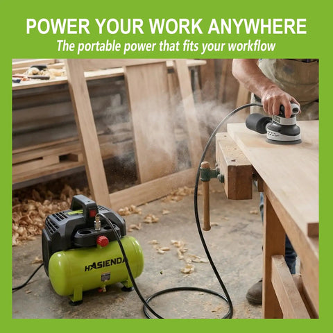 Hasienda 2 Gallon Quiet Air Compressor With Touch Safe Encased Design And Ergonomic Handle Lightweight Oil Free For Home Auto Care Painting And Woodworking Brushless Motor