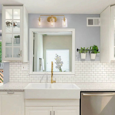 Soft Gold Three Light Vanity Fixture With Seeded Glass Shades For Bathroom Over Mirror Modern Gold Bath Lighting Upgrade