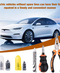 Electric car with 100 Piece Tire Plug Repair Kit No Tire Removal Needed Patch Tools, pliers, screwdrivers, and plugs displayed.