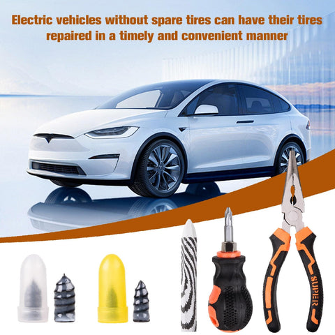 Electric car with 100 Piece Tire Plug Repair Kit No Tire Removal Needed Patch Tools, pliers, screwdrivers, and plugs displayed.