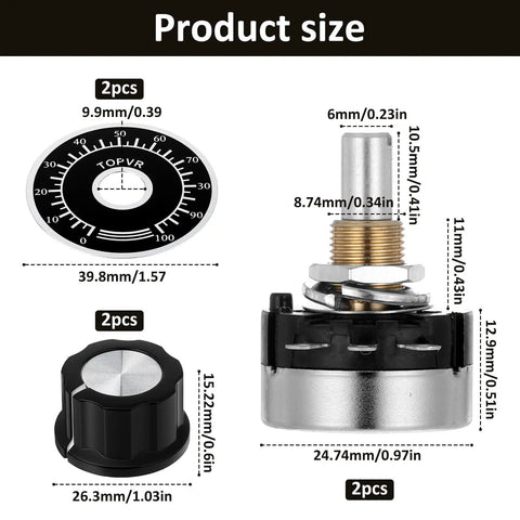 Two Pack 10K Potentiometer Single Turn Carbon Film Rotary Rheostat With A03 Knob, size dimensions shown