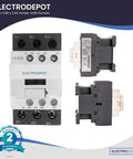 Front and side view of Heavy Duty Three Pole 30A Contactor With 110 To 120V Coil For Motors And Lighting, handles 32A motor load and 40A lighting, 600V IEC DIN Rail Mount, includes 1NO and 1NC auxiliary contact, shown with dimensions and warranty badge.
