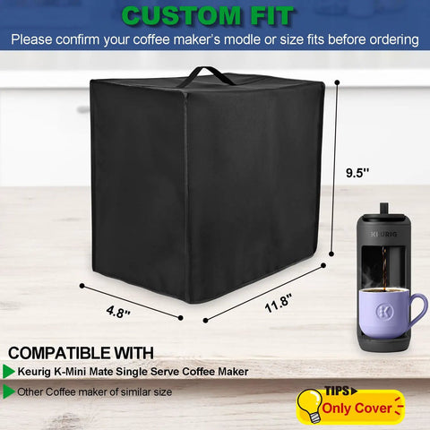 Coffee Marker Cover for Keurig K-Mini Mate Single Serve Coffee Maker Built Tough Waterproof Dustproof Protective Case With Thick Nylon Black Custom Fit Snug Protection, shown in black with dimensions 11.8 x 4.8 x 9.5 inches.