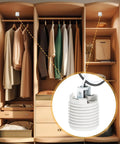 Four Pack Medium Base E26 Ceramic Screw In Lighting Socket With White Decor Ring And Six Inch Pre Wired Lead For LED And Halogen Bulbs, installed in a closet.