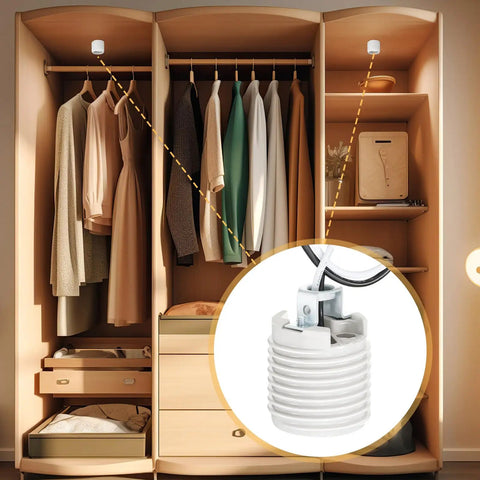 Four Pack Medium Base E26 Ceramic Screw In Lighting Socket With White Decor Ring And Six Inch Pre Wired Lead For LED And Halogen Bulbs, installed in a closet.