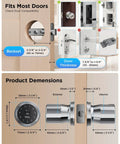 Installation guide showing dimensions and compatibility for Big Time Smart Door Knobs Deliver Lightning Fast 0.3 Second Fingerprint Login And App Controlled Keyless Entry Automated Deadbolt Lock No Hassle Install For Homes And Rentals.
