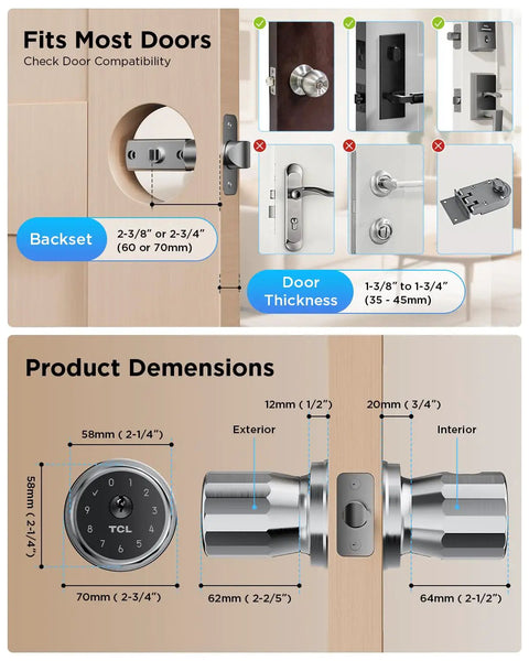 Installation guide showing dimensions and compatibility for Big Time Smart Door Knobs Deliver Lightning Fast 0.3 Second Fingerprint Login And App Controlled Keyless Entry Automated Deadbolt Lock No Hassle Install For Homes And Rentals.