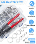 Hose clamp set: 210 stainless steel single-ear clamps, 12 sizes (6-36.1mm) with red-handled pliers