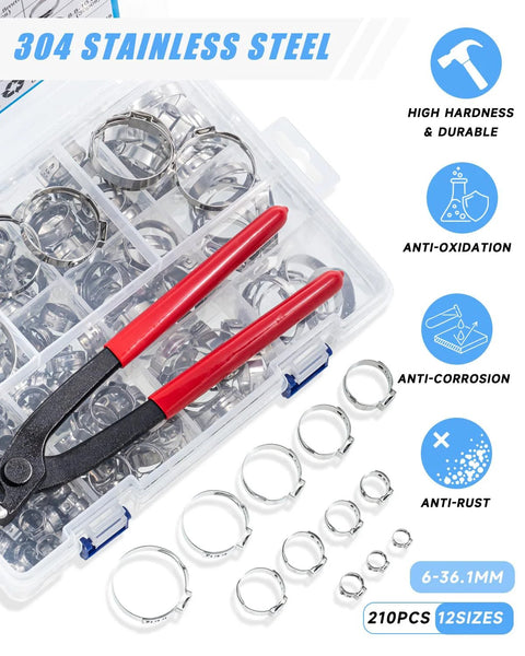 Hose clamp set: 210 stainless steel single-ear clamps, 12 sizes (6-36.1mm) with red-handled pliers
