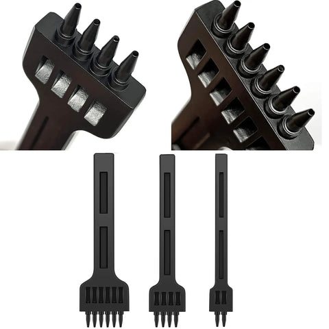 Pro Grade Three Piece Leather Stitching Chisel Set With Four Millimeter Diamond Prongs for belts, bags, boots, and straps.