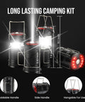 Two Pack Rechargeable Camping Lanterns With Dual Power Source showing 360 Degree Lantern Mode and Red SOS Strobe.