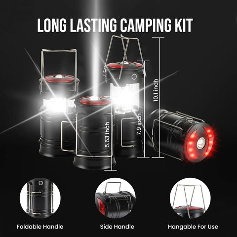 Two Pack Rechargeable Camping Lanterns With Dual Power Source showing 360 Degree Lantern Mode and Red SOS Strobe.