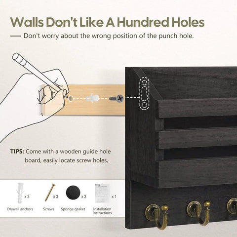 Wall Mounted Key And Mail Organizer With Six Hooks And A Storage Drawer Easy Install Entryway Decor shown with installation guide