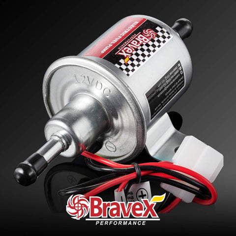 Universal 12V Inline Fuel Pump Low Pressure 2.5 To 4 PSI For Gas And Diesel HEP-02A shown with wiring and connectors.