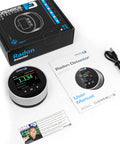 Heavy Hitter Radon Detector For Homeowners Featuring Upgraded Version 2.0 with color LCD display, user manual, and accessories.
